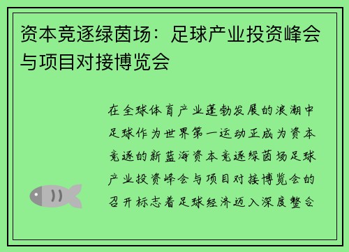 资本竞逐绿茵场：足球产业投资峰会与项目对接博览会