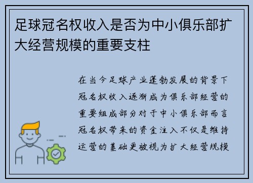足球冠名权收入是否为中小俱乐部扩大经营规模的重要支柱